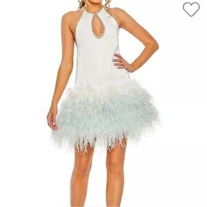 Mac Duggal 11437 WHT
Rhinestone Trim Halter Neck Feather
Neck A-Line Dress